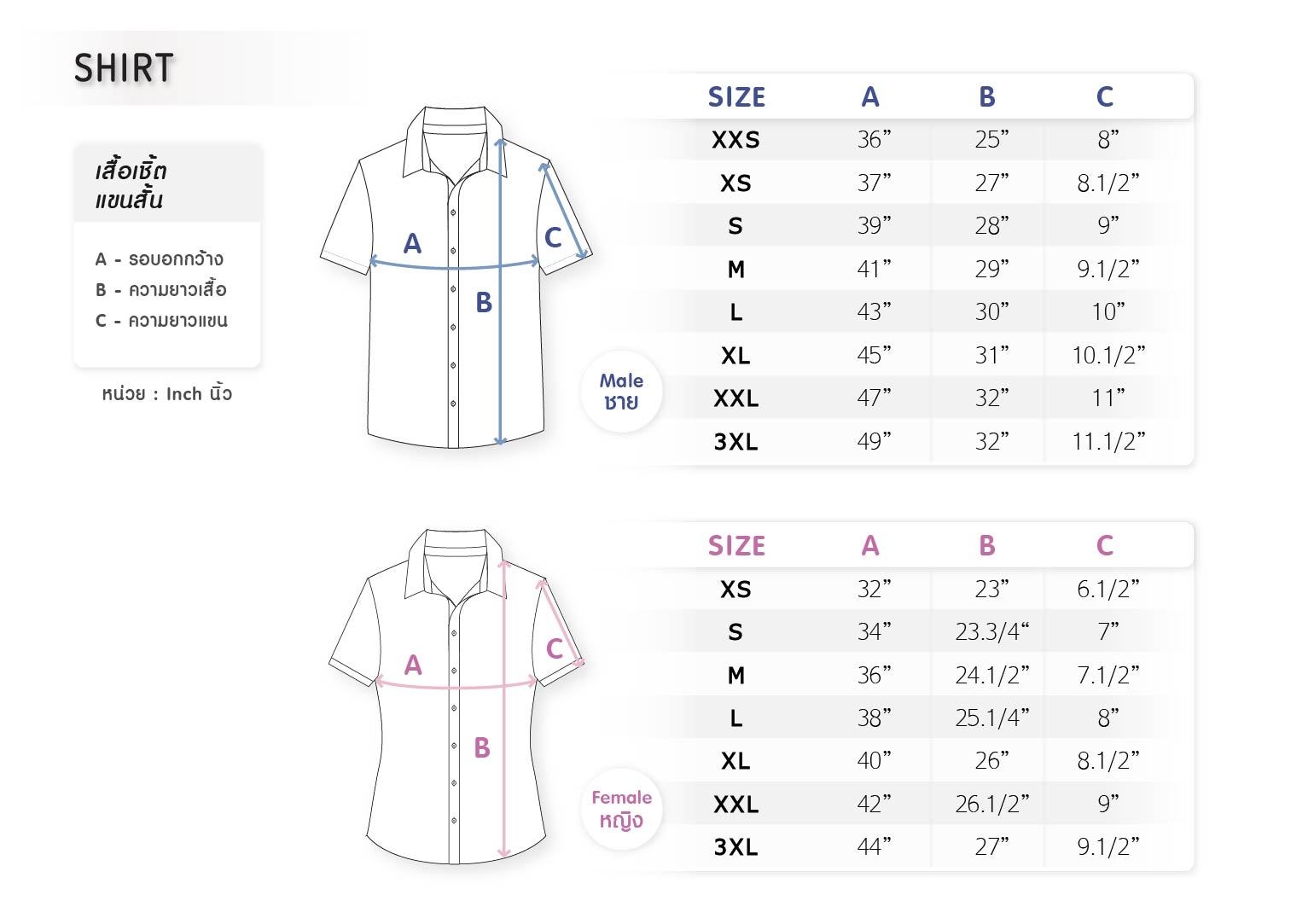 ไซส์เสื้อเชิ้ตแขนสั้นชาย-หญิง