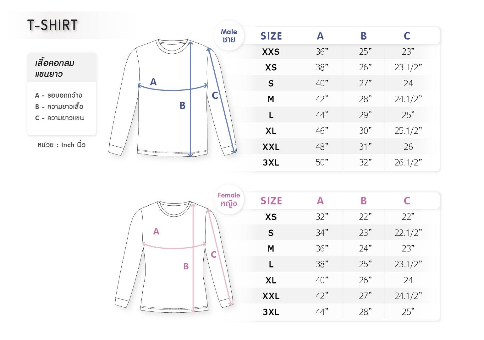 ไซส์เสื้อคอกลมแขนยาวชาย-หญิง